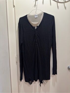 Zara Black Long-Sleeve Henley with Cream Inner Layer top large